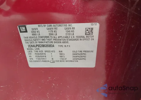 2011 Chevrolet Equinox 2Lt из США, поврежденный, VIN 2CNALPEC5B6260634